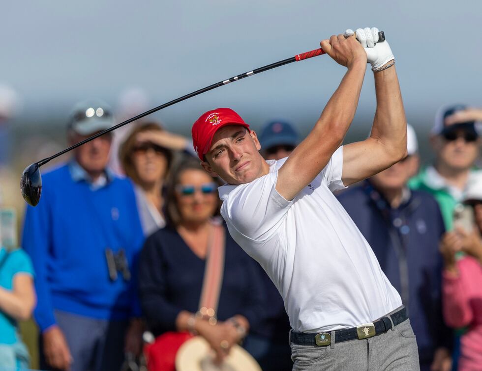 Ben James of the USA in action during day two of the 2023 Walker Cup at St Andrews, Scotland,...