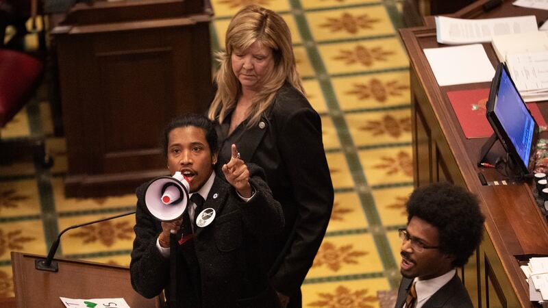 Tennessee State Representative Justin Jones calls on his colleagues to pass gun control...