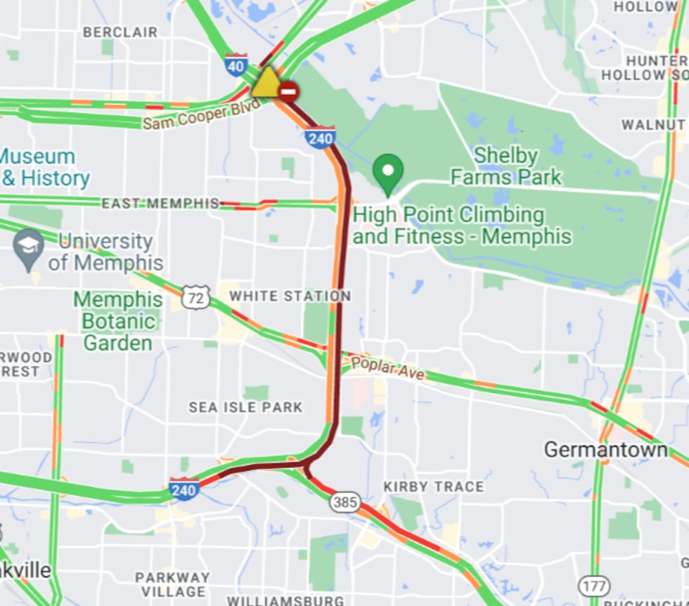 TDOT map showing Monday evening's traffic delay on I-240 E