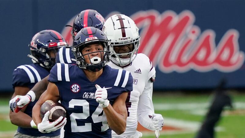 Mississippi defensive back Deane Leonard (24) is pursued by Mississippi State wide receiver...