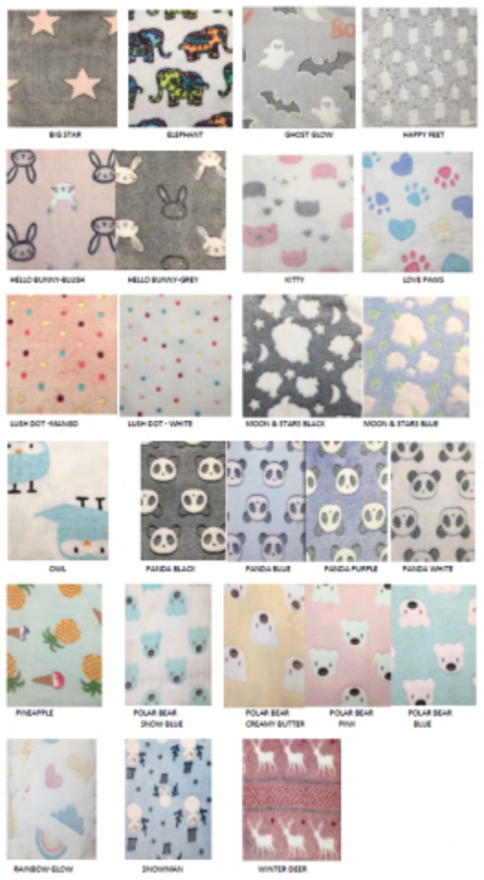 The recalled pajamas were sold in the 16 different prints above.