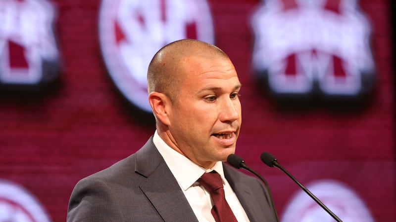 Mississippi State football head coach Zach Arnett speaks to the media at the 2023 SEC Football...