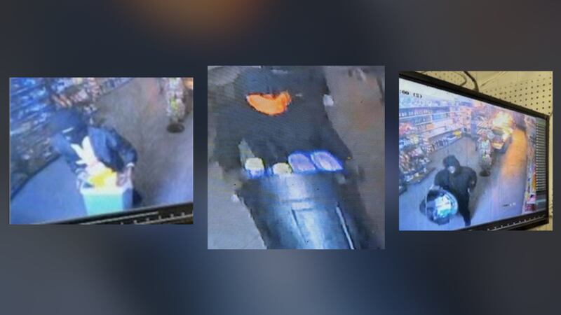 Surveillance pictures of the three burglars who reportedly stole over $15,000 in merchandise...