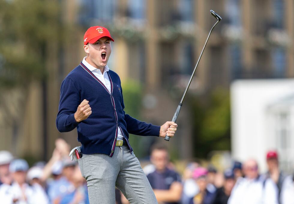 Preston Summerhays of the USA celebrates winning the match on the 17th green during day two of...