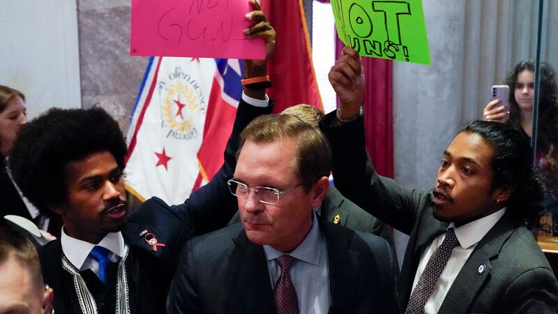 House Speaker Cameron Sexton, R-Crossville, center, pushes past Rep. Justin J. Pearson,...