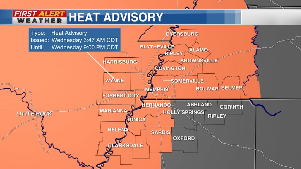 A Heat Advisory is in effect for portions of the Mid-South through 9 PM Wednesday. Heat...