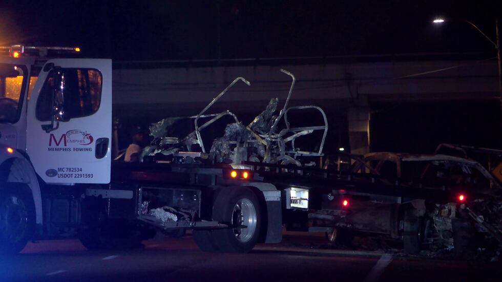 The remains of the golfcart that housed Tommy Lee Roper and three other men after they were...