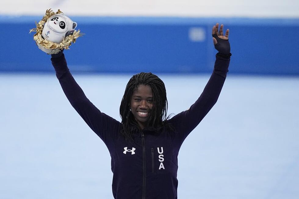 Gold Medalist Erin Jackson of the United States reacts during a venue ceremony for the...