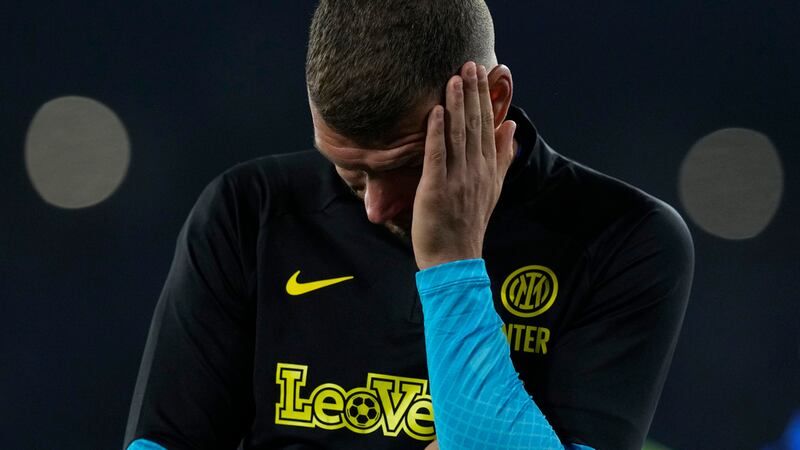 Inter Milan's Edin Dzeko gestures at the end of the Champions League final soccer match...