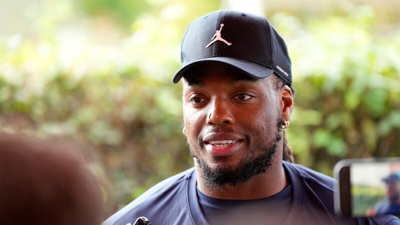 Tennessee Titans running back Derrick Henry speaks with media after a practice session in...